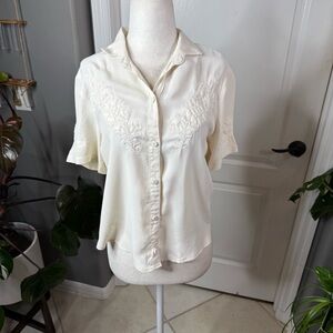 Vintage Cream Silk Embroidered Button-Up Blouse | Small